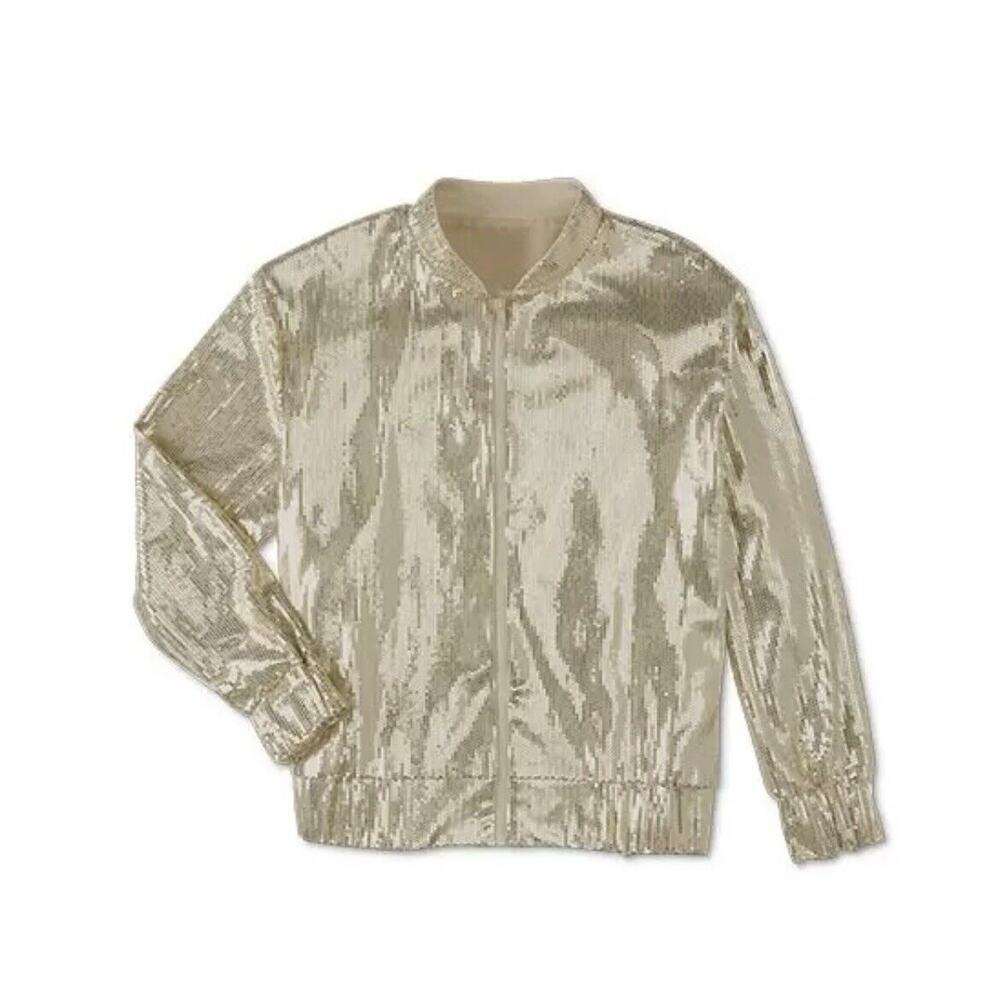 Sequin Gold Bomber Jacket Womens L Gitzy Glam‎ NYE Event Showgirl Serra NEW